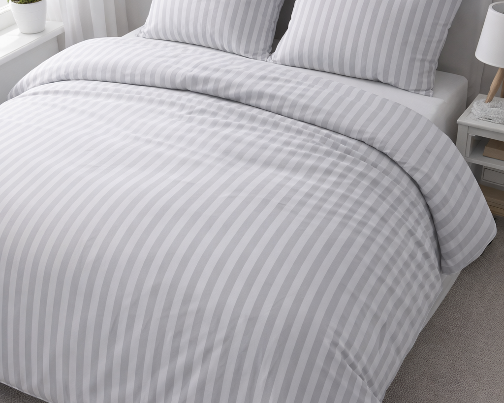 Lenjerie de pat bumbac satinat 100%, model dungi gri, 130 g/m², cu fermoar Arboteca