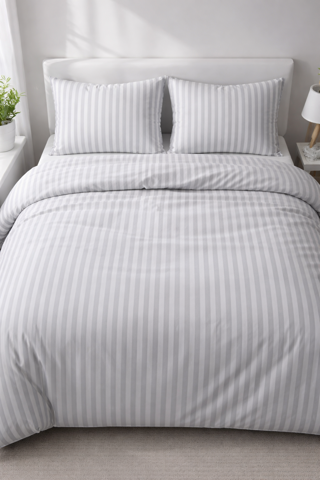 Lenjerie de pat bumbac satinat 100%, model dungi gri, 130 g/m², cu fermoar Arboteca