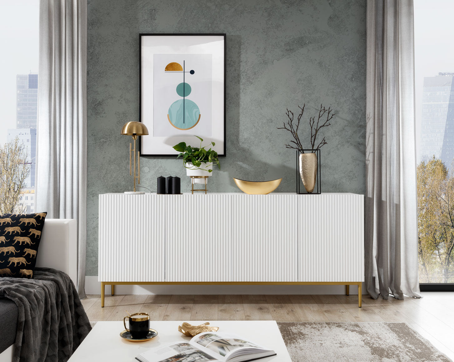 Comoda Nicole din pal, MDF si metal, cu 4 usi, 200 cm latime , Alb-Auriu Arboteca