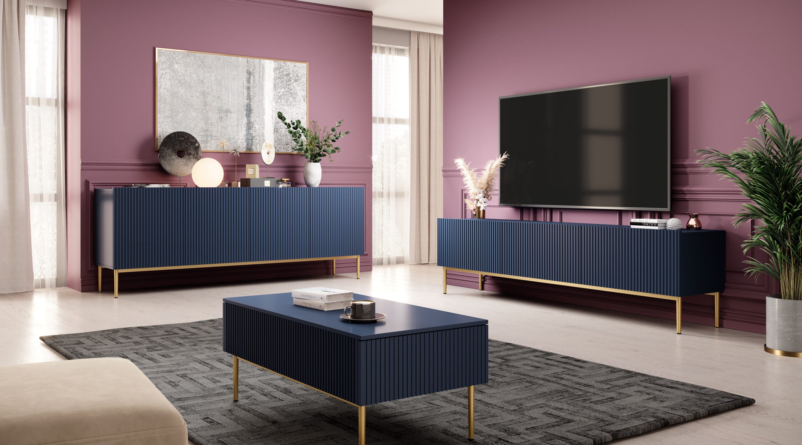 Comoda Nicole din pal, MDF si metal, cu 4 usi, 200 cm latime , Albastru-Auriu Arboteca