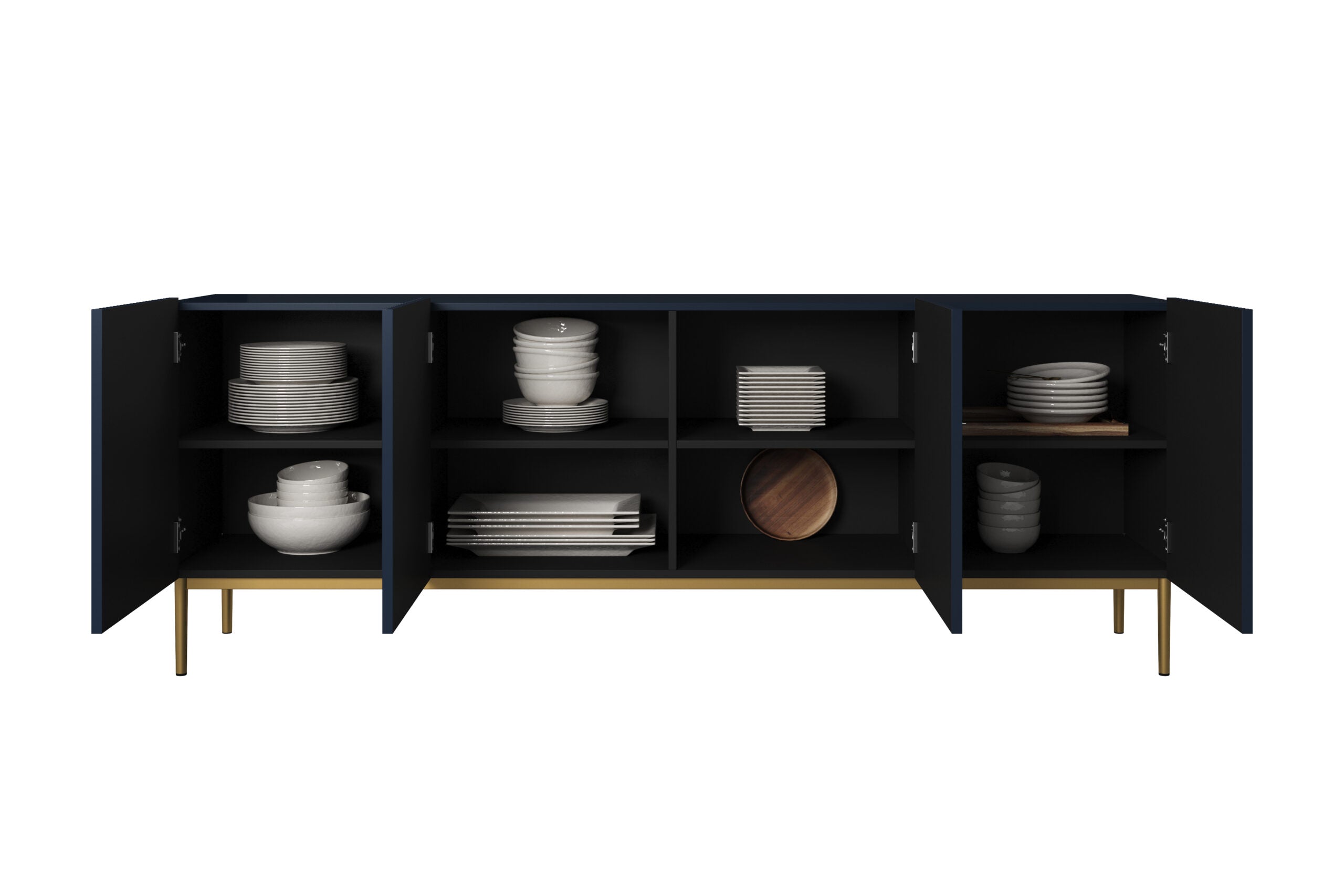 Comoda Nicole din pal, MDF si metal, cu 4 usi, 200 cm latime , Albastru-Auriu Arboteca