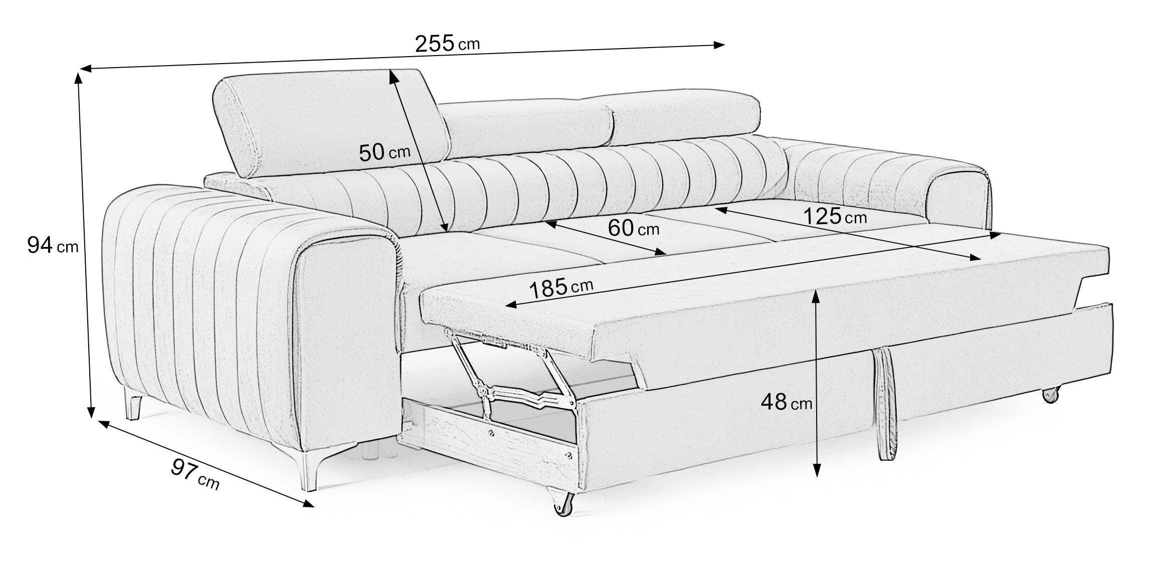 Canapea Extensibilă 3 locuri TIME, cu tetiere reglabile, cu suport lombar, 255x97x94 cm Arboteca