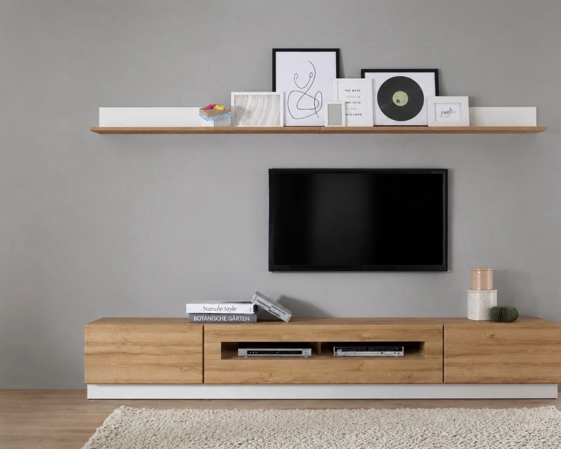 Set living Cayman 335 cm – 3 comode TV și 2 polițe, alb-stejar Arboteca