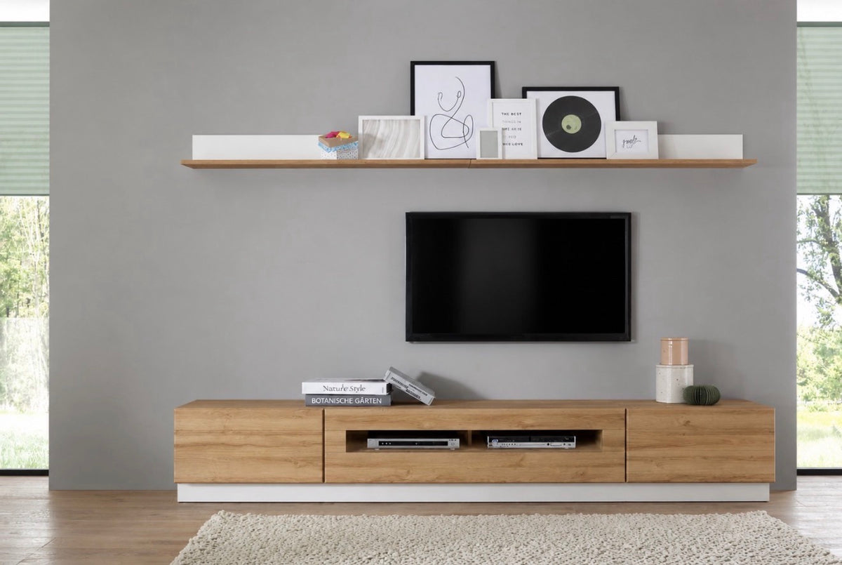 Set living Cayman 335 cm – 3 comode TV și 2 polițe, alb-stejar Arboteca