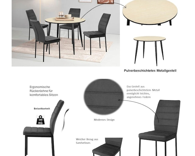 Set dining Inosign, 5 piese, masă rotundă Ø100 cm si 4 scaune tapițate Arboteca
