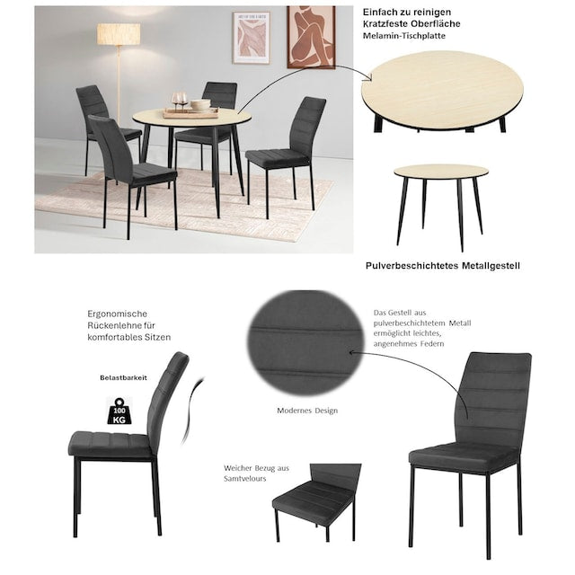 Set dining Inosign, 5 piese, masă rotundă Ø100 cm si 4 scaune tapițate Arboteca