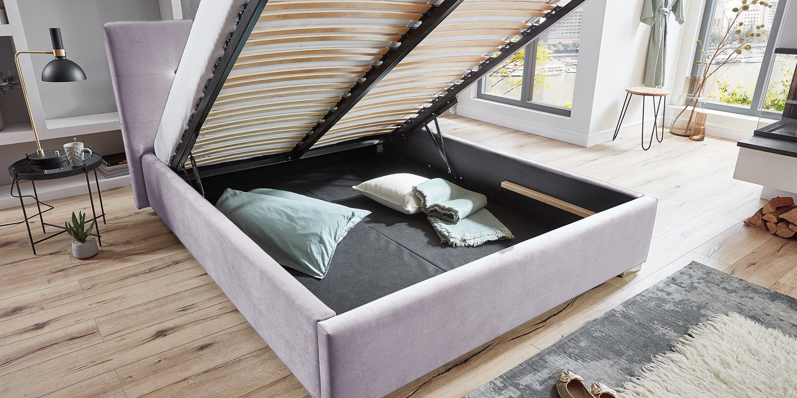 Pat Tapițat Lille, cu somieră rabatabilă și ladă de depozitare, Prestigehome.ro, Prestige, #Color_swing-violet