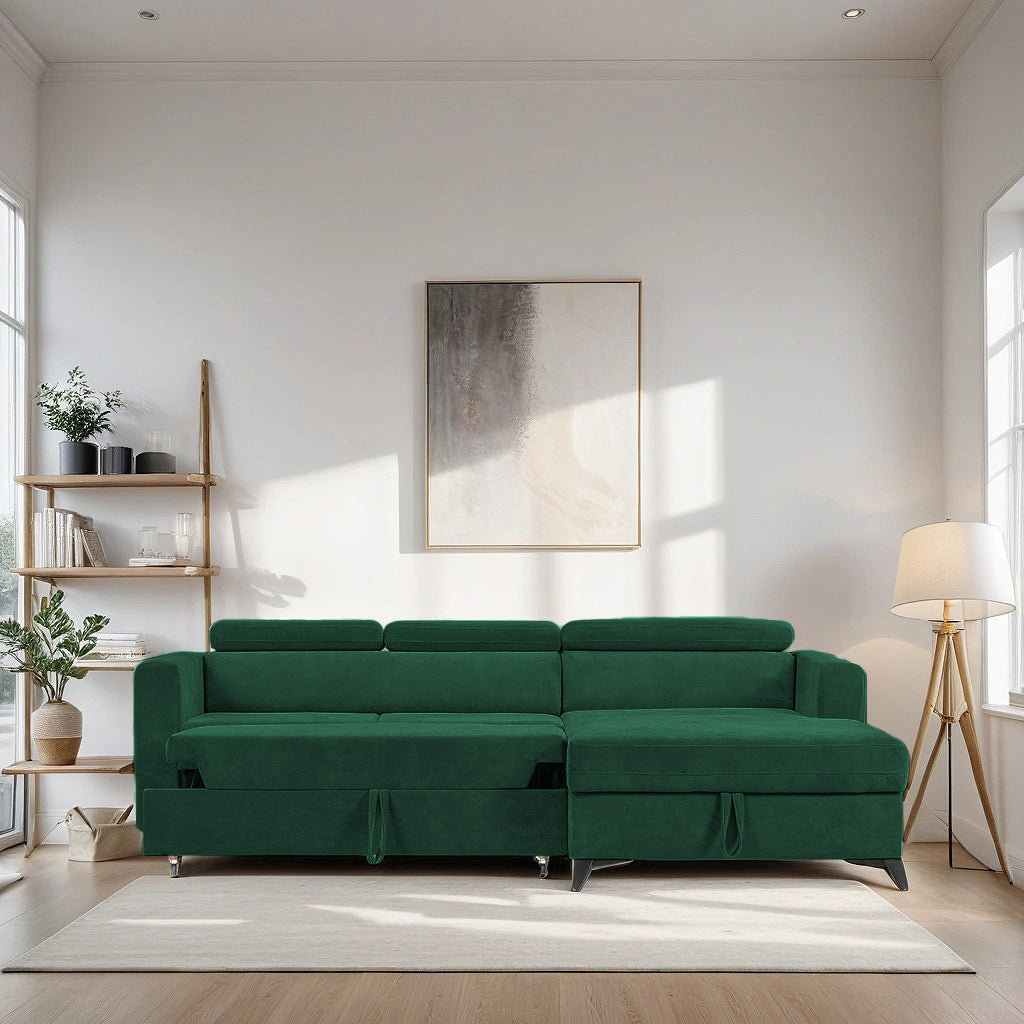 Colțar Extensibil MIZZONI, cu lada depozitare, variante stânga/dreapta, tetiere reglabile, 250 x 175 x 94 cm #color_Verde-Run-Again