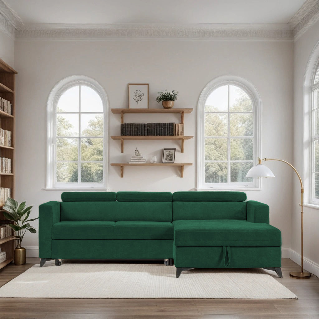 Colțar Extensibil MIZZONI, cu lada depozitare, variante stânga/dreapta, tetiere reglabile, 250 x 175 x 94 cm #color_Verde-Run-Again