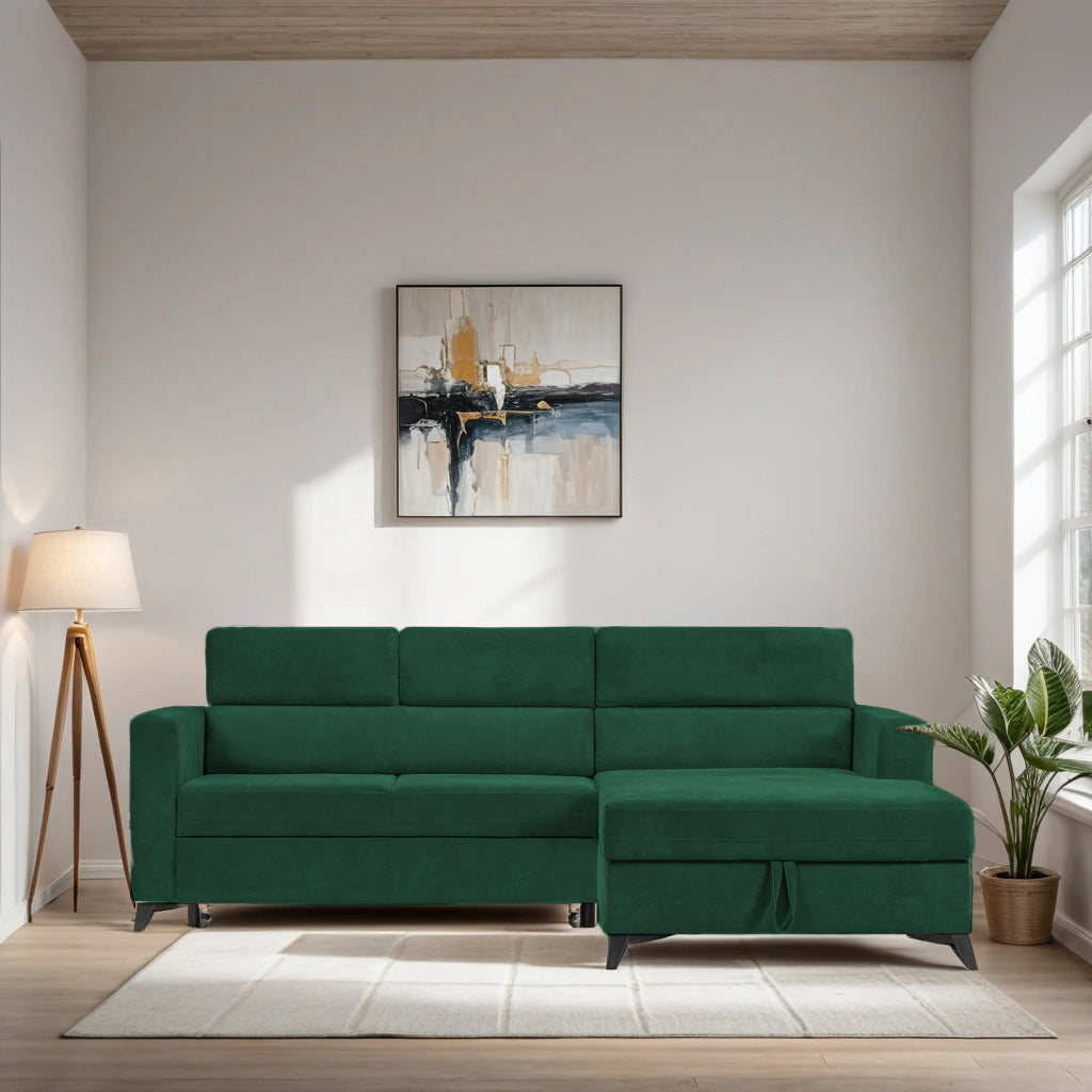 Colțar Extensibil MIZZONI, cu lada depozitare, variante stânga/dreapta, tetiere reglabile, 250 x 175 x 94 cm #color_Verde-Run-Again