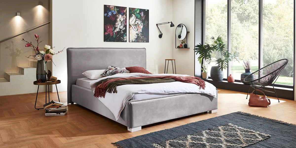 Pat tapitat Kalia cu somiera rabatabila si lada de depozitare 180x200 Antracit Arboteca