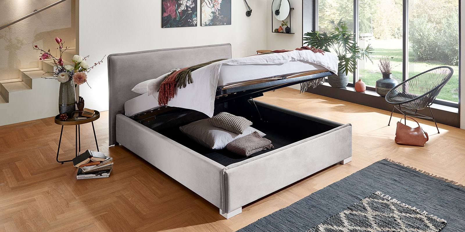 Pat Tapitat Nice, cu Lada Rabatabil, Velur-Verde-Smarald, Prestigehome.ro, Prestige, #Color_swing-gri