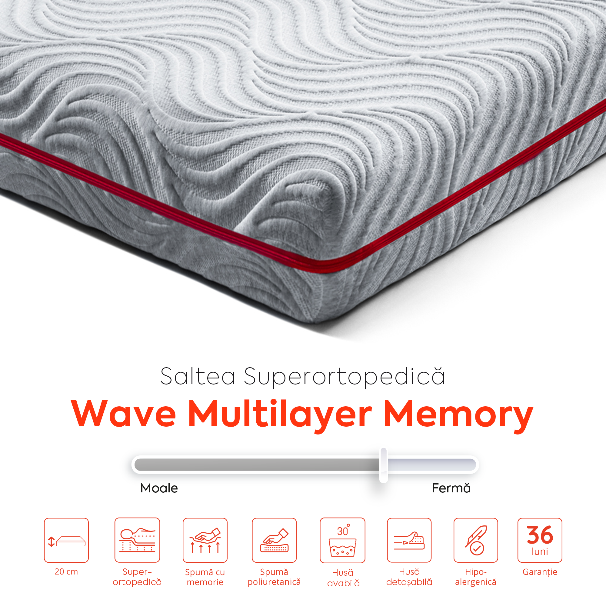 Saltea WAVE MULTILAYER, spumă cu memorie, spumă reziliență mare, husă hipoalergenică detașabilă și lavabilă, superortopedică, grosime 20 cm-Saltele-Prestige-80x190-Prestige Home