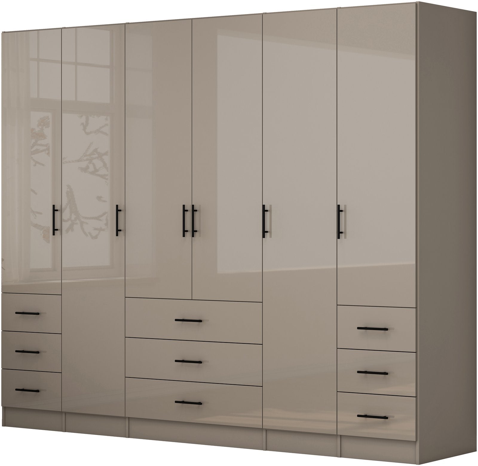 Dulap Trento cu 6 uși și 9 sertare, gri nisip lucios, 240×200×56 cm Arboteca