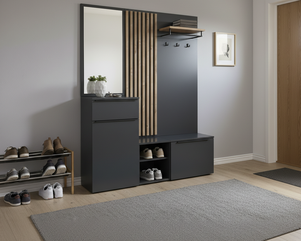 Set de hol NETTUNO, antracit extra lucios /stejar artisan, 150x38.2x190 cm Kondela
