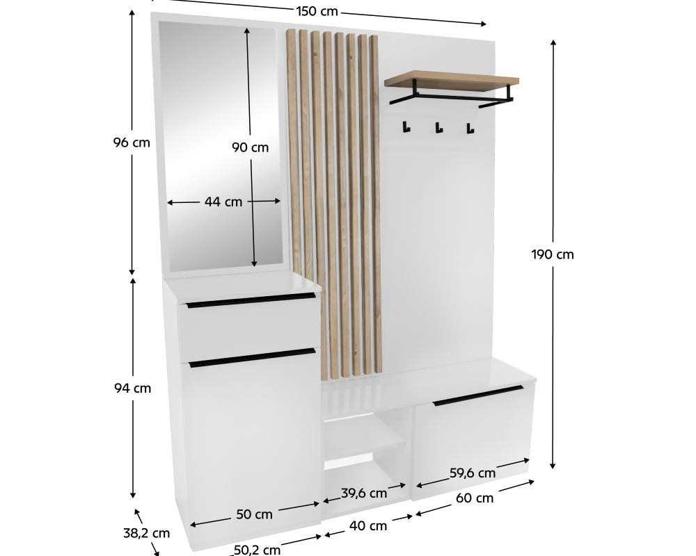 Set de hol NETTUNO, alb extra lucios /stejar artisan, 150x38.2x190 cm Kondela