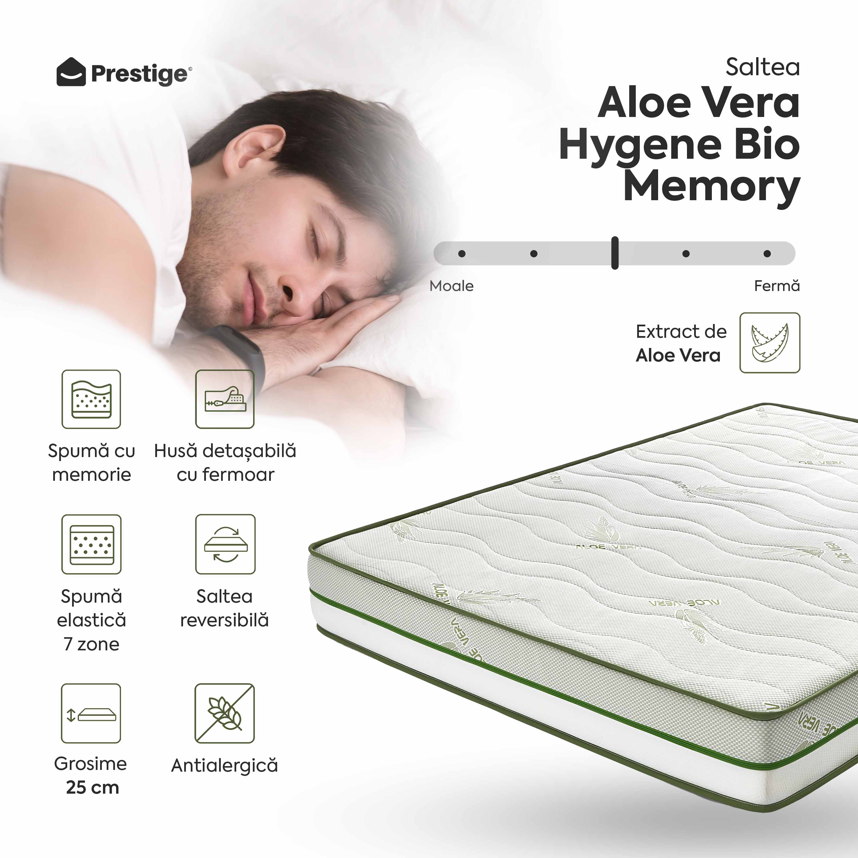 Saltea ALOE VERA HYGENE BIO MEMORY 18+5, 7 zone de confort, spumă poliuretanică elastică, spumă cu memorie, husă detașabilă cu fermoar, lavabilă, superortopedică, Grosime 25 cm - Prestige Home