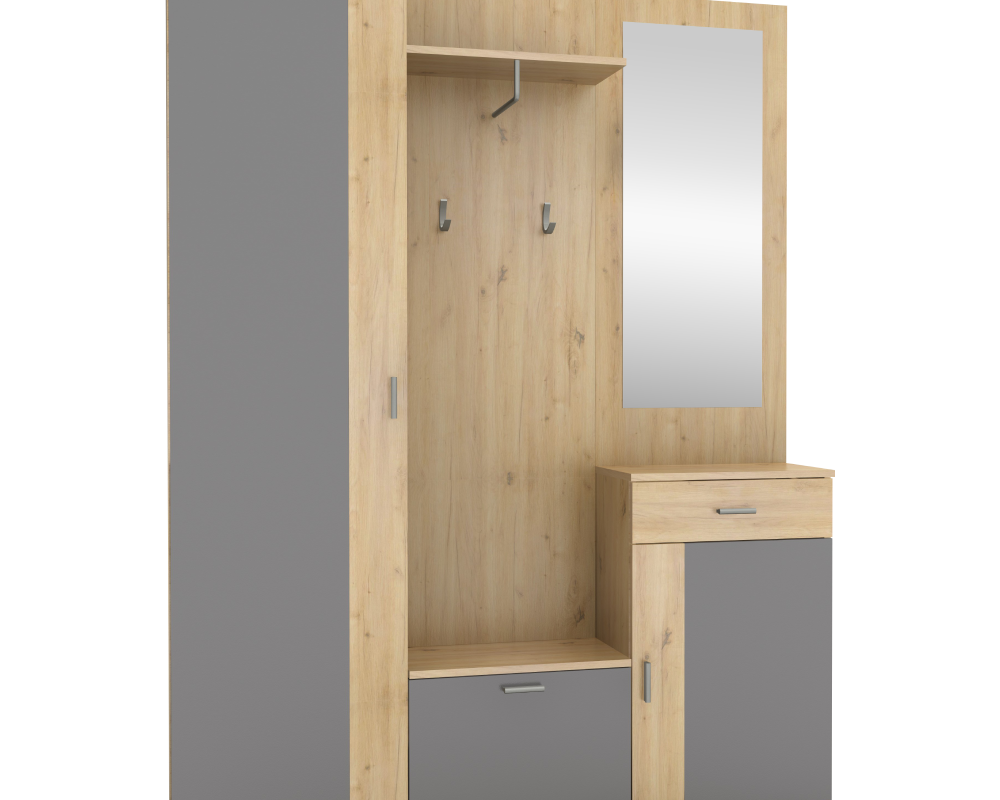 Set mobilier hol AMALIA, stejar artisan/grafit, cu oglindă și cuier, 144x188 cm Kondela
