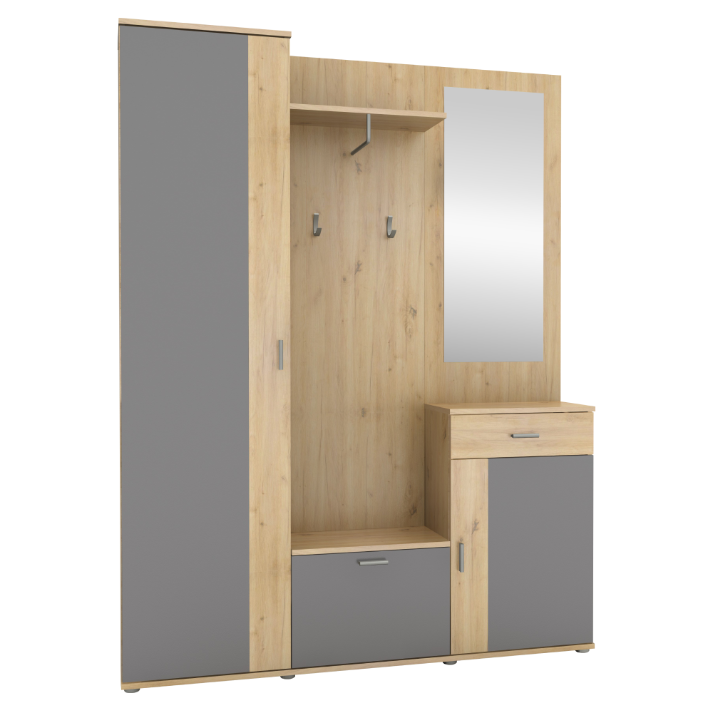 Set mobilier hol AMALIA, stejar artisan/grafit, cu oglindă și cuier, 144x188 cm Kondela