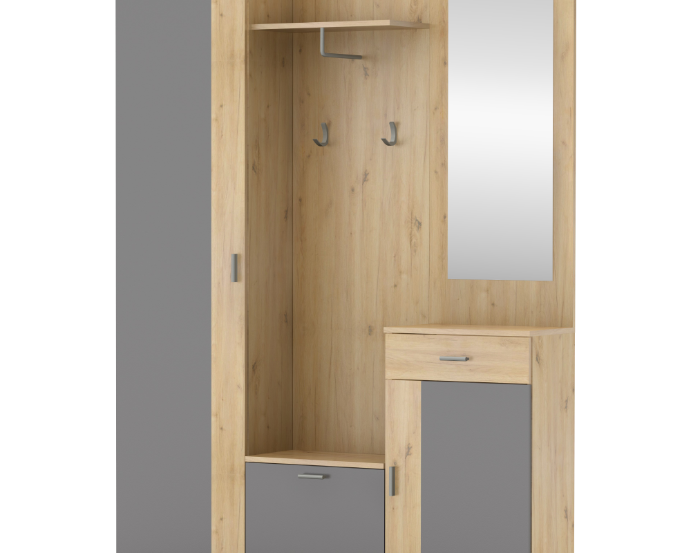 Set mobilier hol AMALIA, stejar artisan/grafit, cu oglindă și cuier, 144x188 cm Kondela