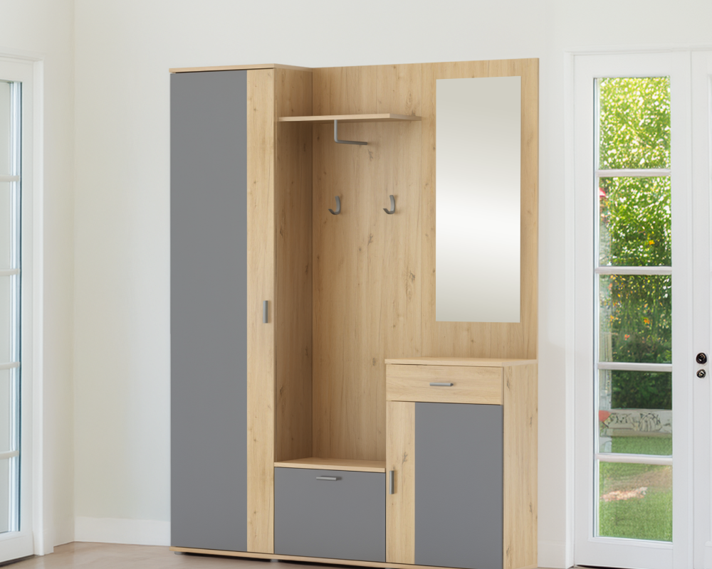 Set mobilier hol AMALIA, stejar artisan/grafit, cu oglindă și cuier, 144x188 cm Kondela