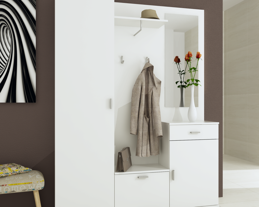 Set mobilier hol AMALIA, alb, cu oglindă și cuier, 144x188 cm Kondela