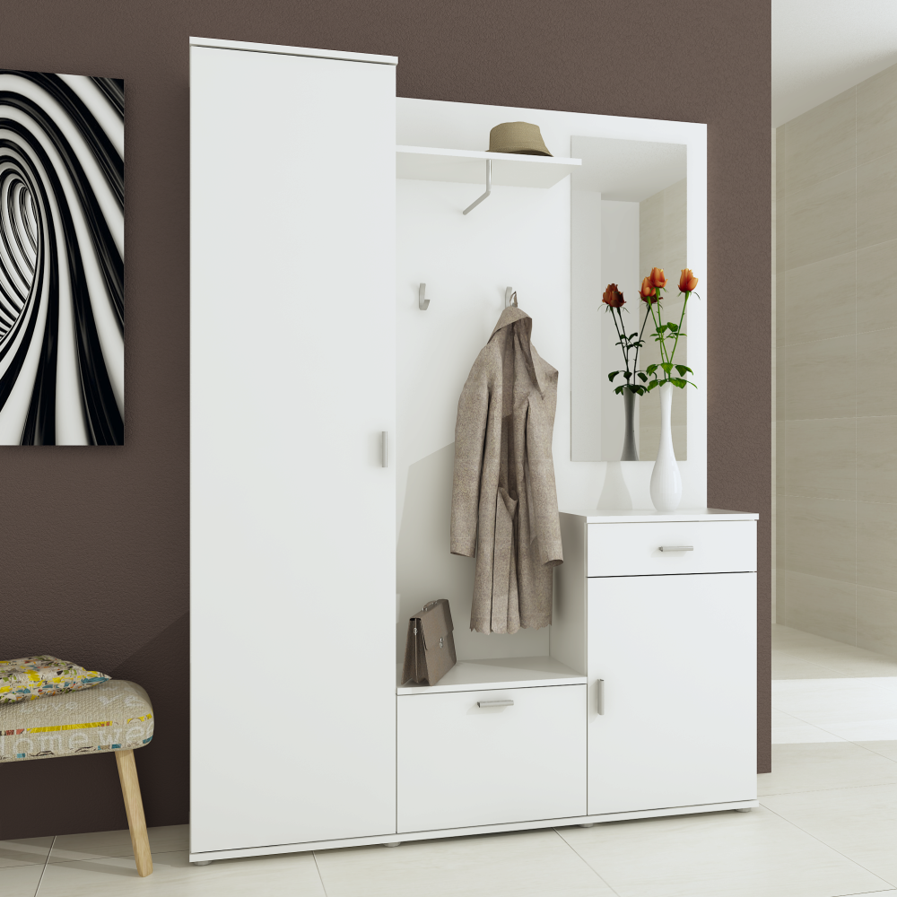 Set mobilier hol AMALIA, alb, cu oglindă și cuier, 144x188 cm Kondela