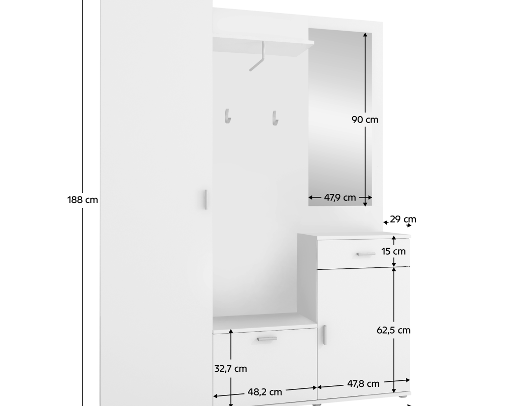 Set mobilier hol AMALIA, alb, cu oglindă și cuier, 144x188 cm Kondela