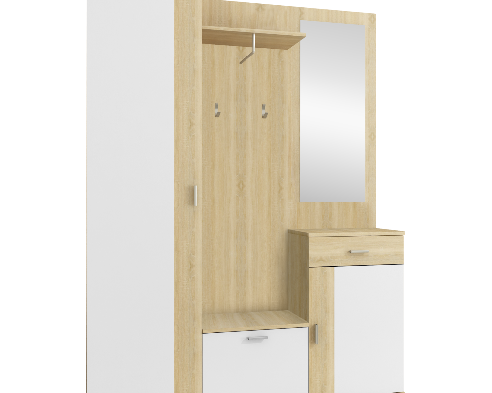 Set mobilier hol AMALIA, stejar sonoma/alb, cu oglindă și cuier, 144x188 cm Kondela
