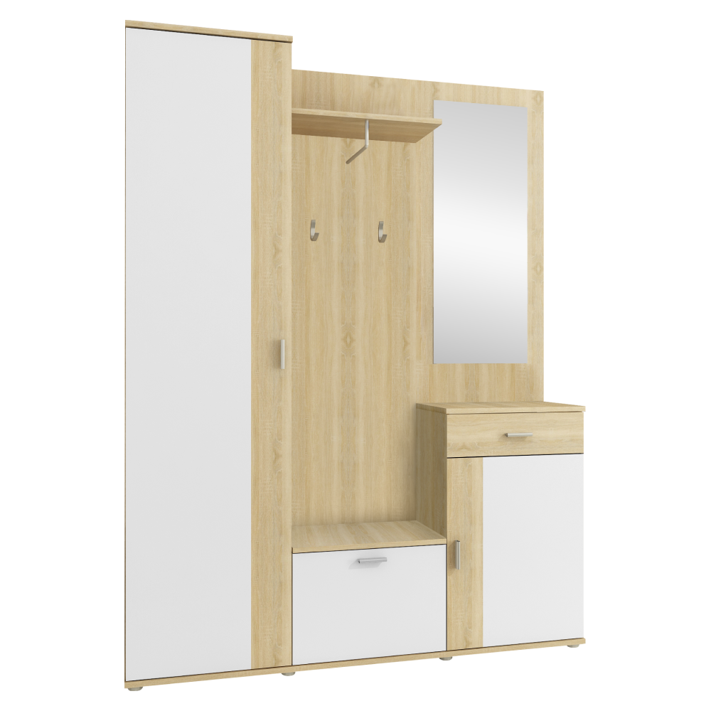 Set mobilier hol AMALIA, stejar sonoma/alb, cu oglindă și cuier, 144x188 cm Kondela