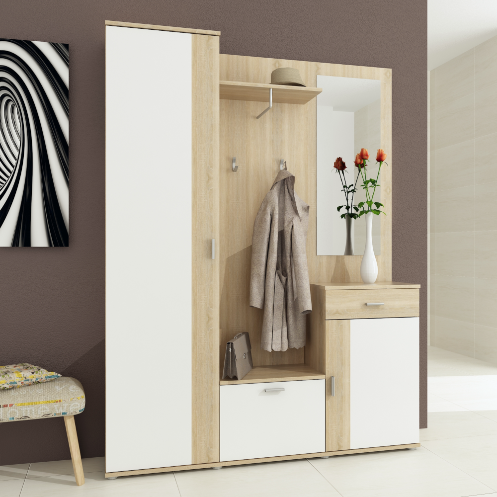 Set mobilier hol AMALIA, stejar sonoma/alb, cu oglindă și cuier, 144x188 cm Kondela