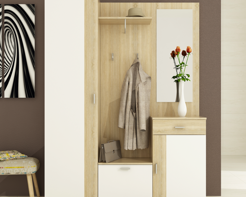 Set mobilier hol AMALIA, stejar sonoma/alb, cu oglindă și cuier, 144x188 cm Kondela