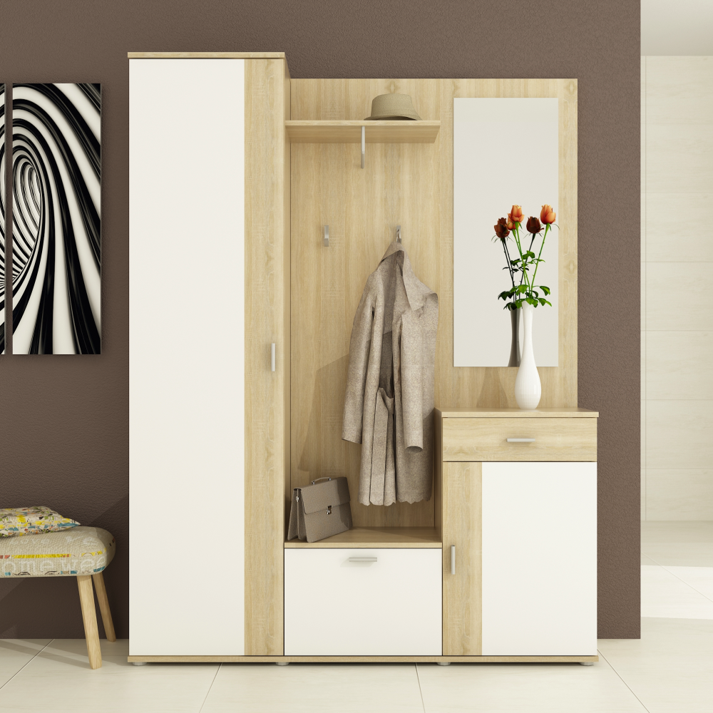 Set mobilier hol AMALIA, stejar sonoma/alb, cu oglindă și cuier, 144x188 cm Kondela