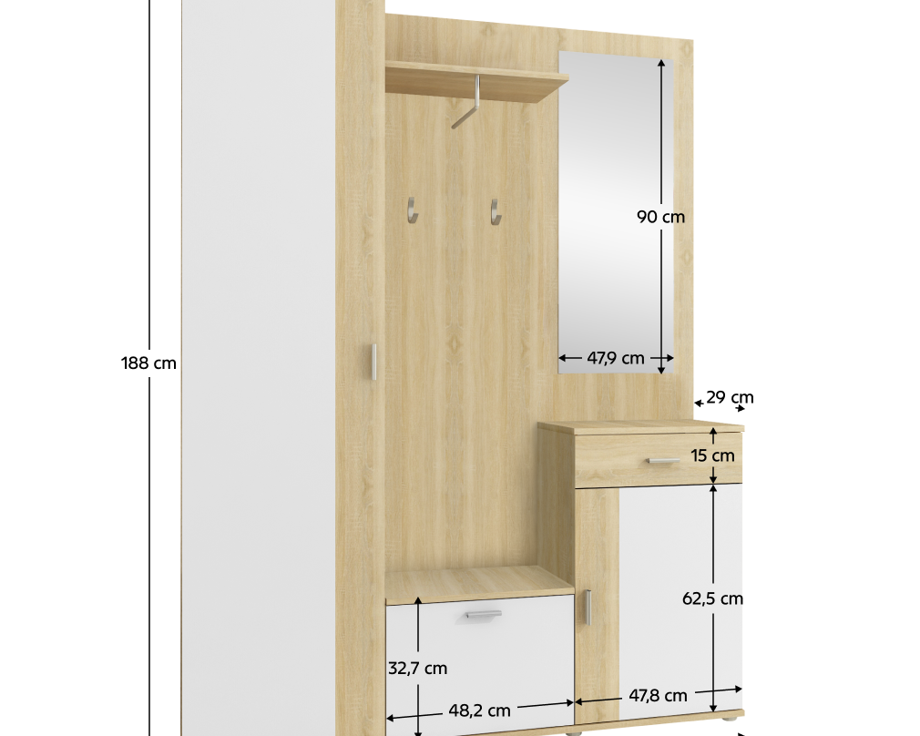 Set mobilier hol AMALIA, stejar sonoma/alb, cu oglindă și cuier, 144x188 cm Kondela