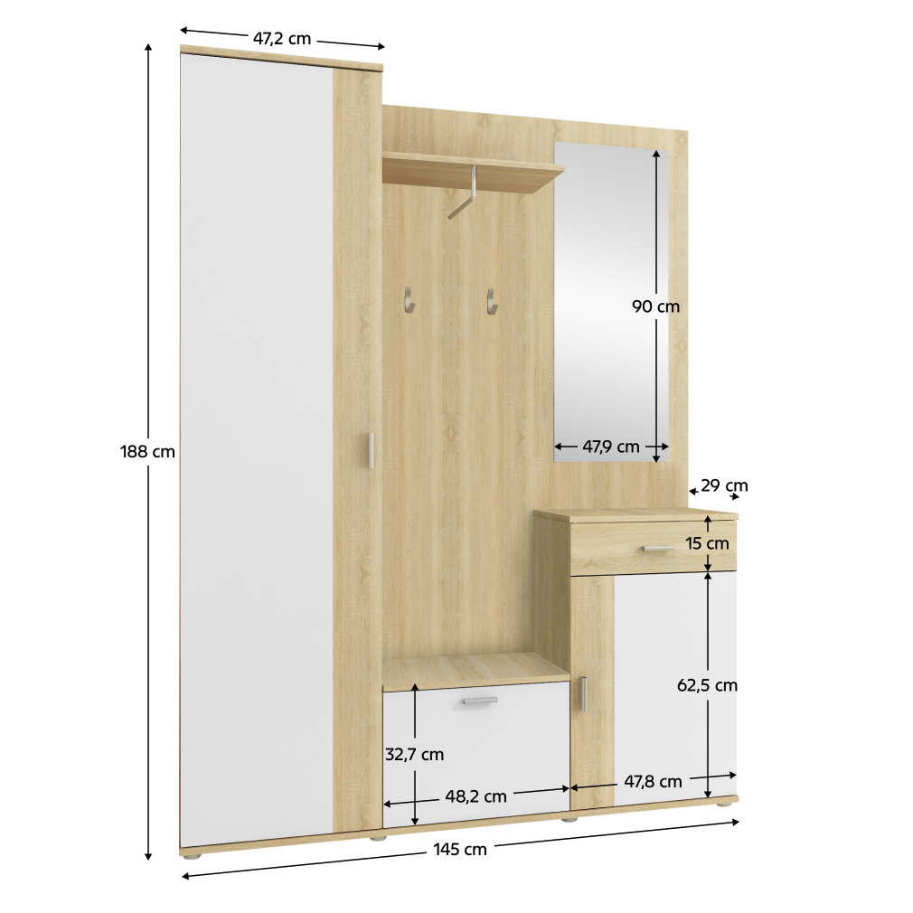 Set mobilier hol AMALIA, stejar sonoma/alb, cu oglindă și cuier, 144x188 cm Kondela