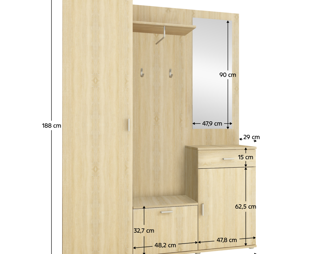 Set mobilier hol AMALIA, stejar sonoma, cu oglindă și cuier, 144x188 cm Kondela
