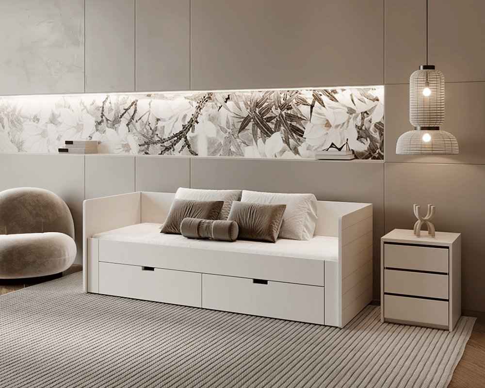Pat extensibil ANTONY, alb, 90/180x200 cm, cu sertare Kondela
