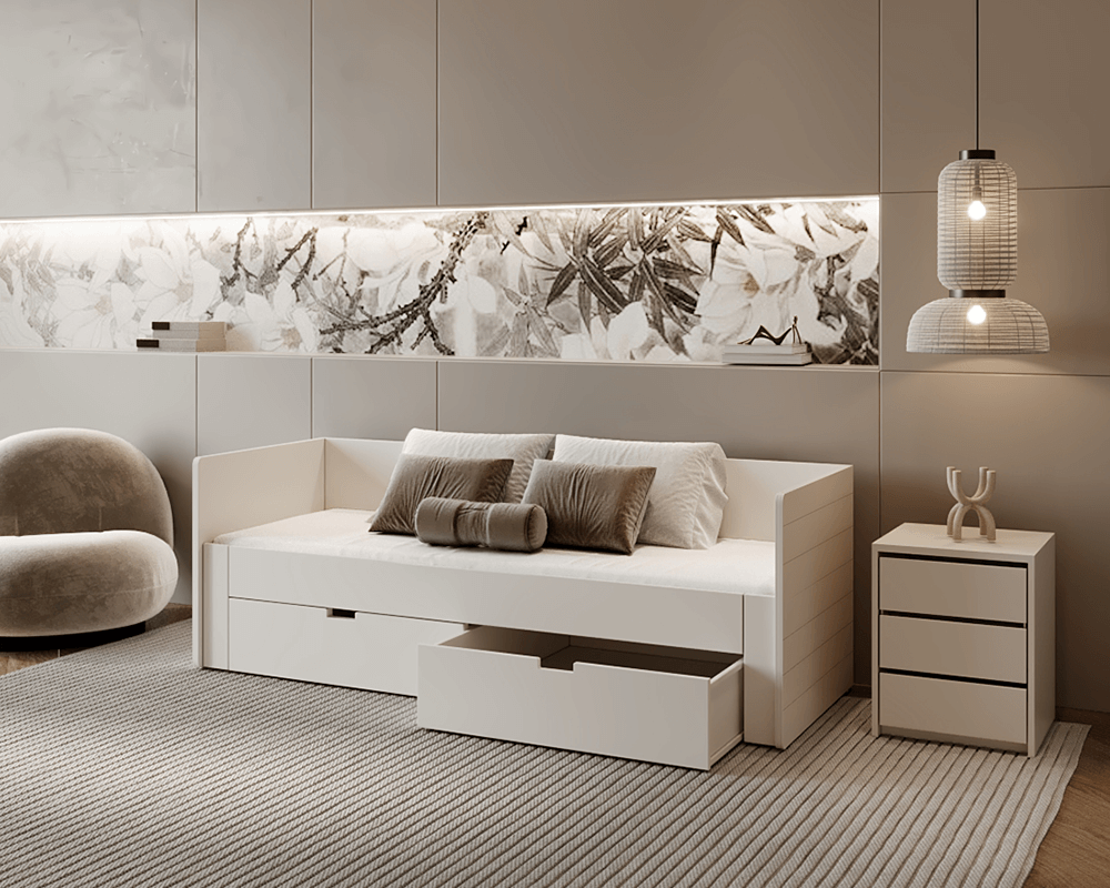 Pat extensibil ANTONY, alb, 90/180x200 cm, cu sertare Kondela