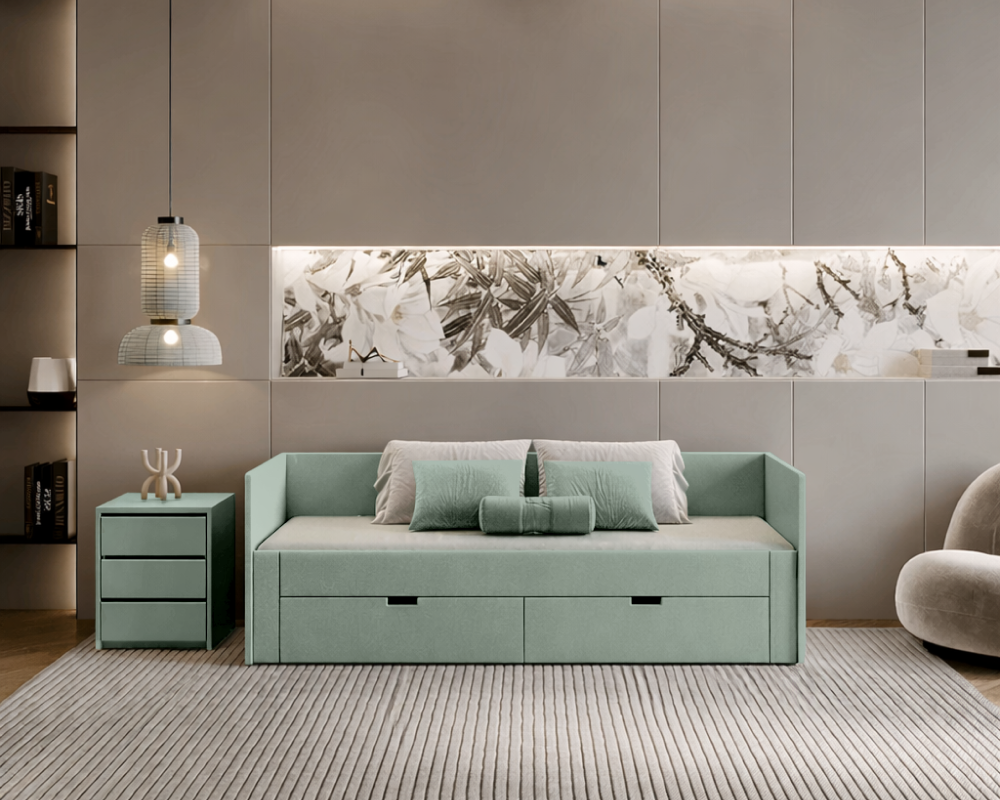 Pat extensibil ANTONY, verde-gri, 90/180x200 cm, cu sertare Kondela