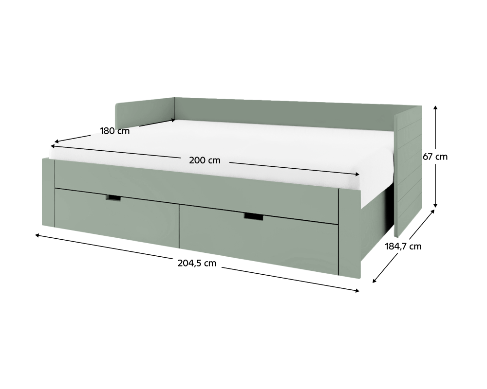 Pat extensibil ANTONY, verde-gri, 90/180x200 cm, cu sertare Kondela