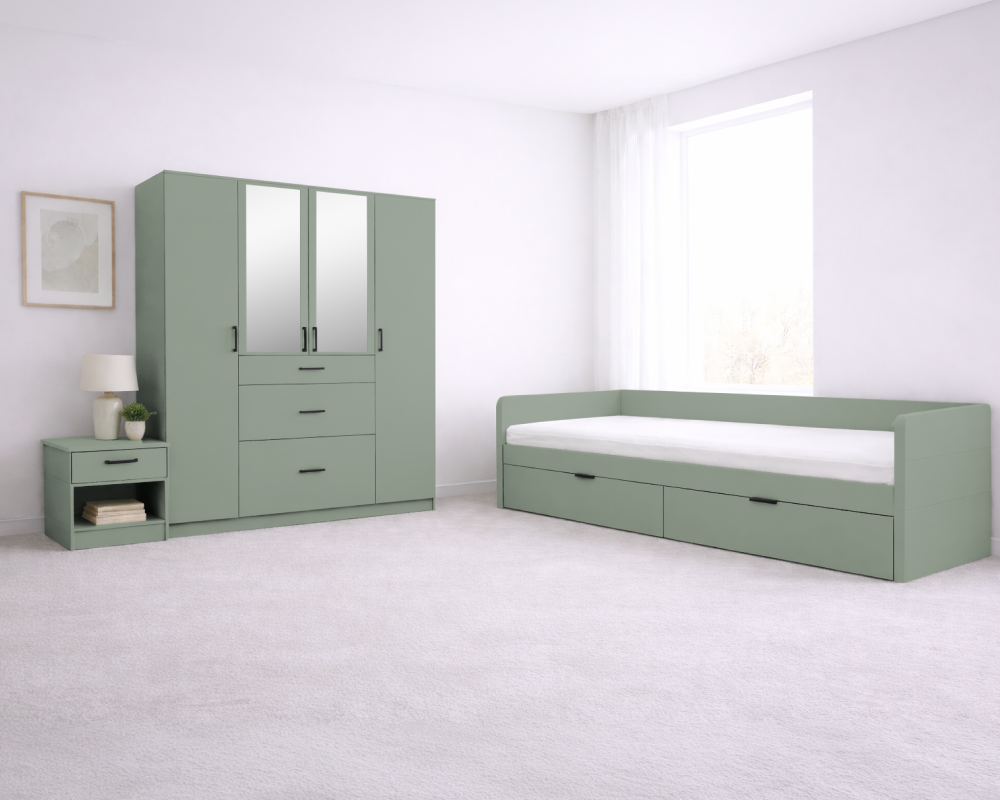 Pat extensibil ANTONY, verde-gri, 90/180x200 cm, cu sertare Kondela