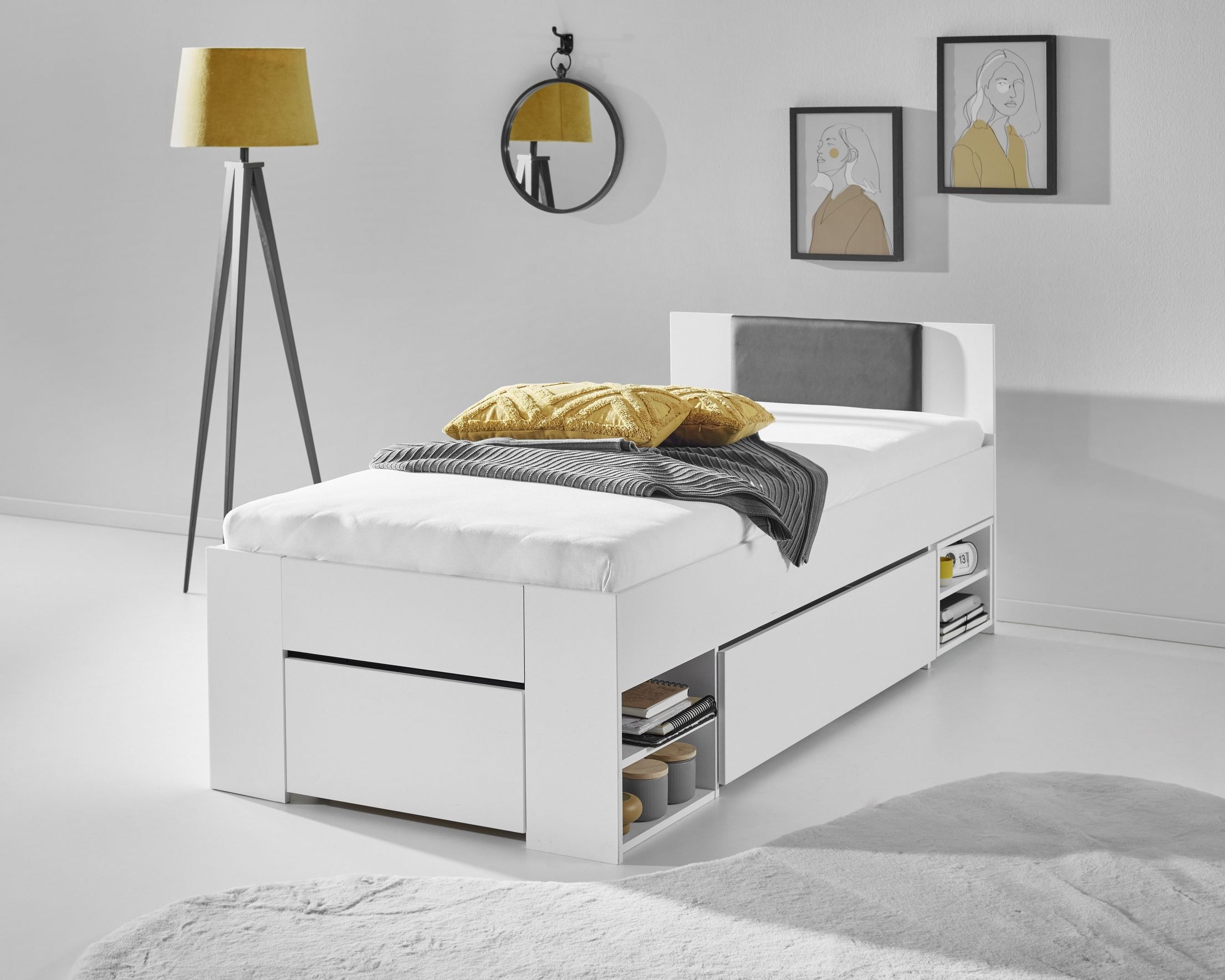 Pat single Relita – cu sertare mari, noptieră pe roți și spațiu de depozitare – alb, 90x200 cm Arboteca
