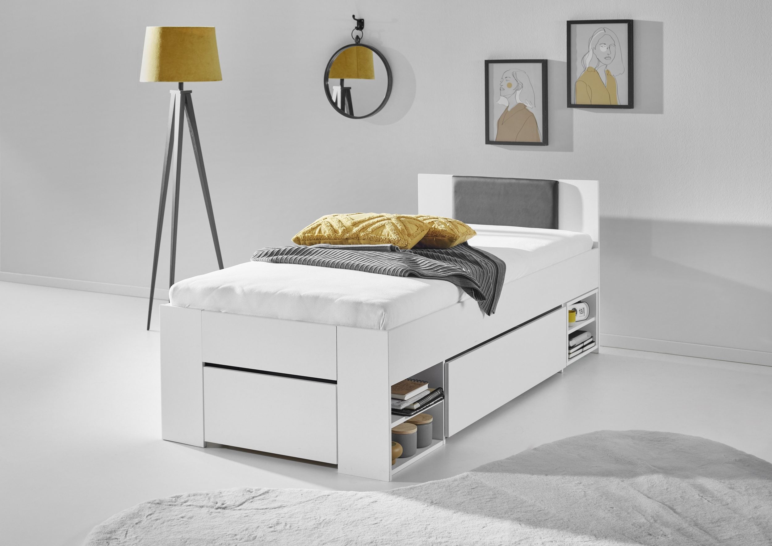 Pat single Relita – cu sertare mari, noptieră pe roți și spațiu de depozitare – alb, 90x200 cm Arboteca