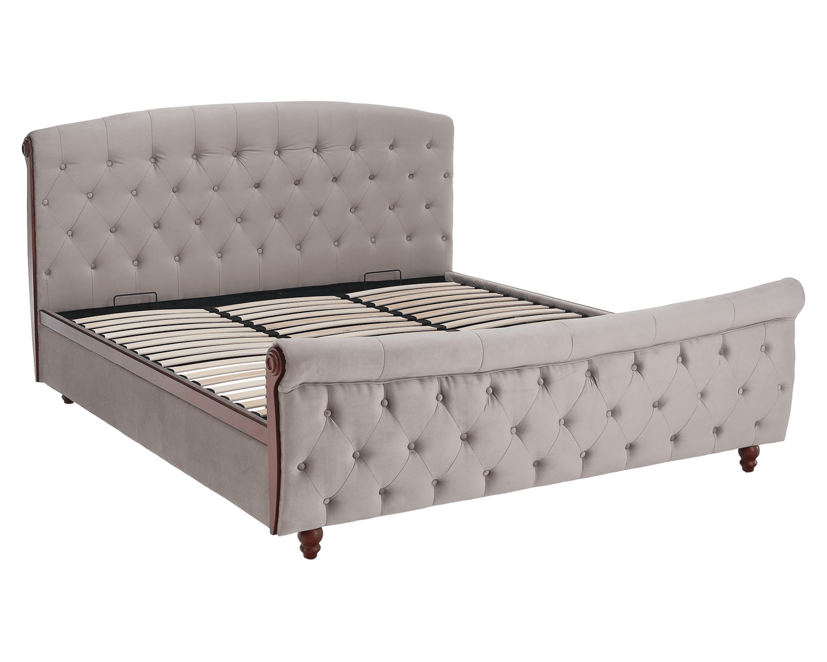 Pat cu somieră, 180x200, gri-maroniu, țesătură Taupe Velvet, 198x228x116 cm Kondela