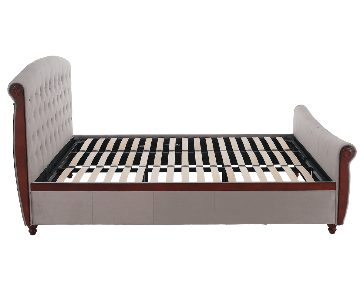 Pat cu somieră, 180x200, gri-maroniu, țesătură Taupe Velvet, 198x228x116 cm Kondela