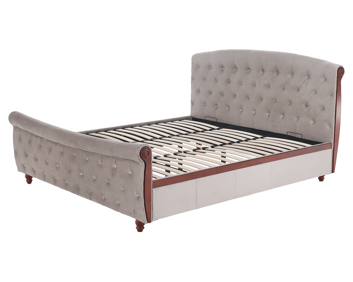 Pat cu somieră, 180x200, gri-maroniu, țesătură Taupe Velvet, 198x228x116 cm Kondela
