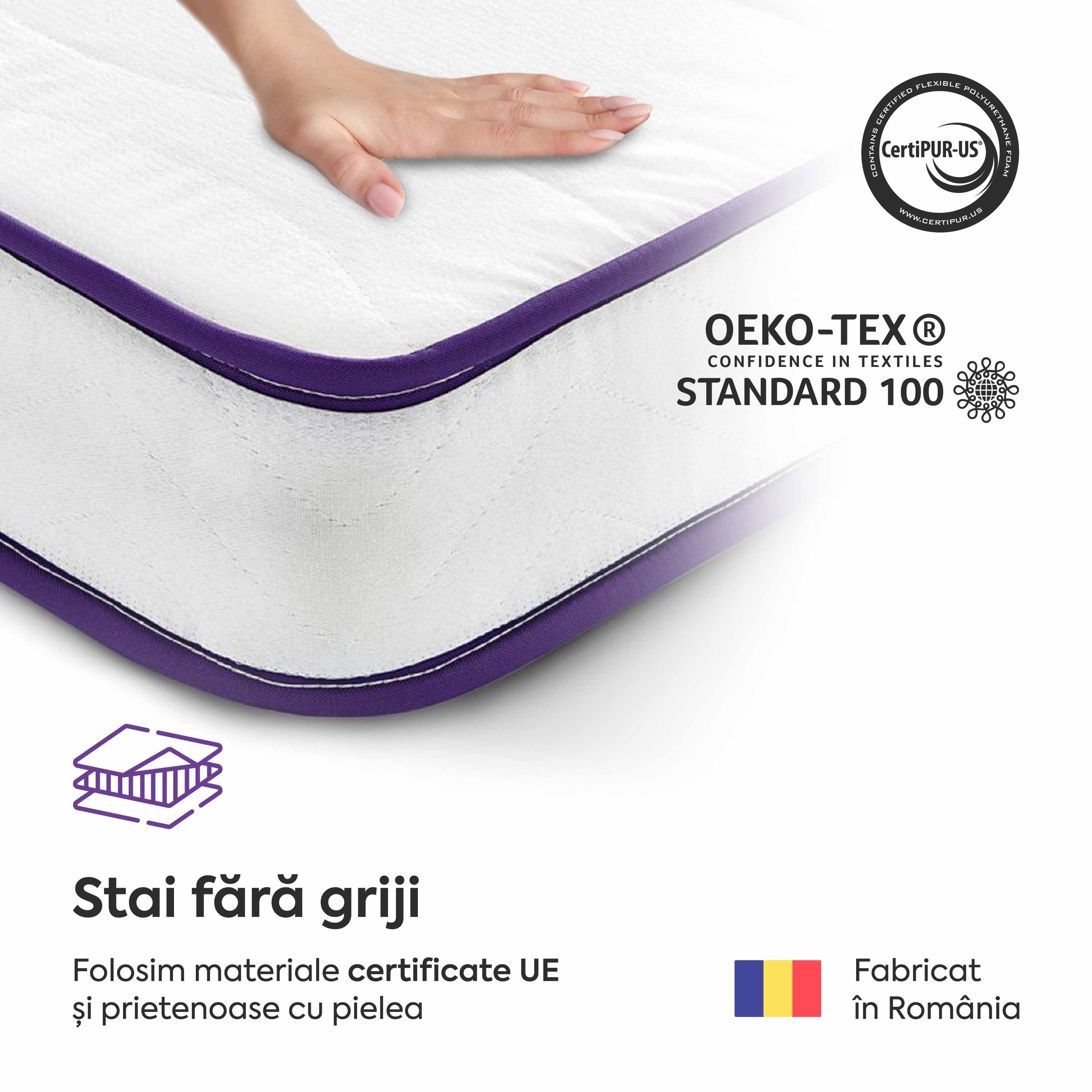 Saltea BASIC ERGO PURPLE LINE, spumă poliuretanică, reversibilă, hipoalergenică, ortopedică, Grosime 12 cm - Prestige Home