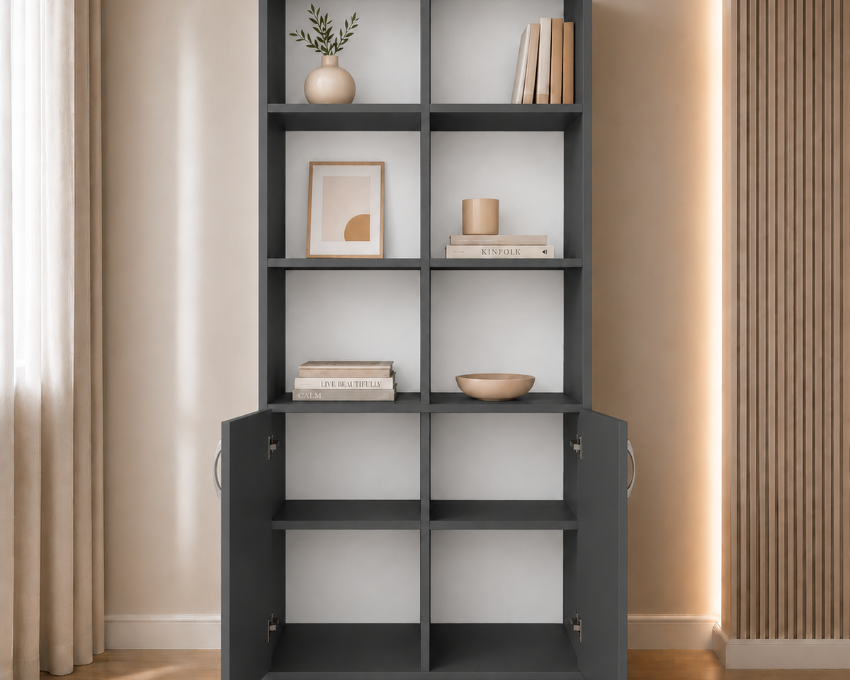 Bibliotecă VARENNA cu 2 uși și 6 rafturi, antracit, PAL melaminat, 90x40x190 cm Arboteca