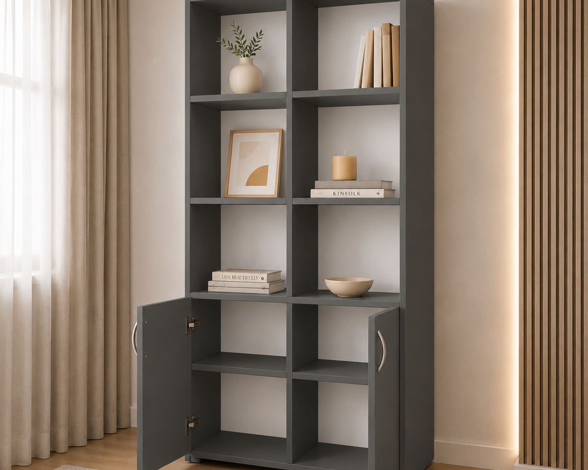 Bibliotecă VARENNA cu 2 uși și 6 rafturi, antracit, PAL melaminat, 90x40x190 cm Arboteca