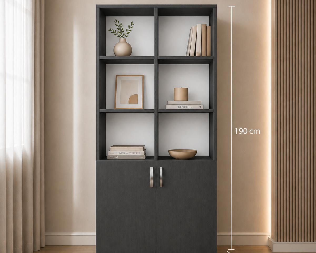 Bibliotecă VARENNA cu 2 uși și 6 rafturi, antracit, PAL melaminat, 90x40x190 cm Arboteca